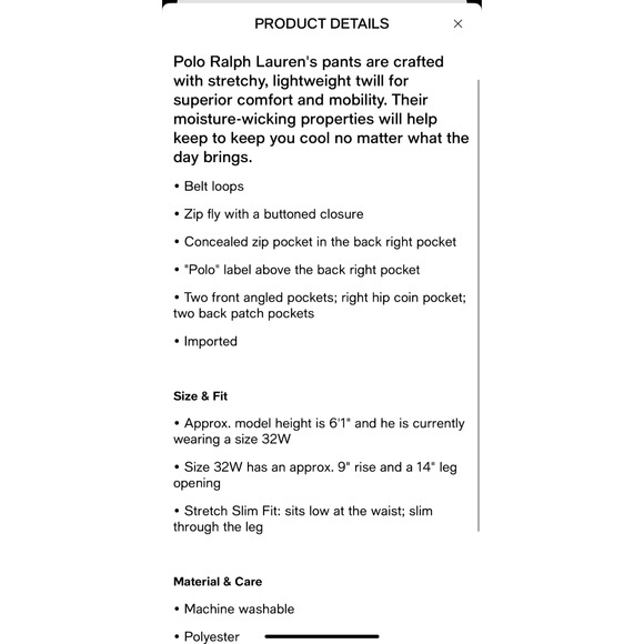 NEW Polo Ralph Lauren Mens Slim Fit Performance Chino Pants Green Stretch 32/32 - Picture 6 of 7